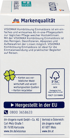 Kombilösung Einmaldosis für weiche Kontaktlinsen, mit Kontaktlinsenbehälter, 15 x 10 ml, 150 ml VISIOMAX