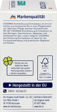 Kombilösung Einmaldosis für weiche Kontaktlinsen, mit Kontaktlinsenbehälter, 15 x 10 ml, 150 ml VISIOMAX