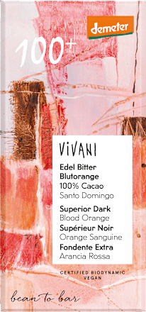 Schokolade, Edel Bitter Blutorange 100 % Cacao, 90 g Vivani
