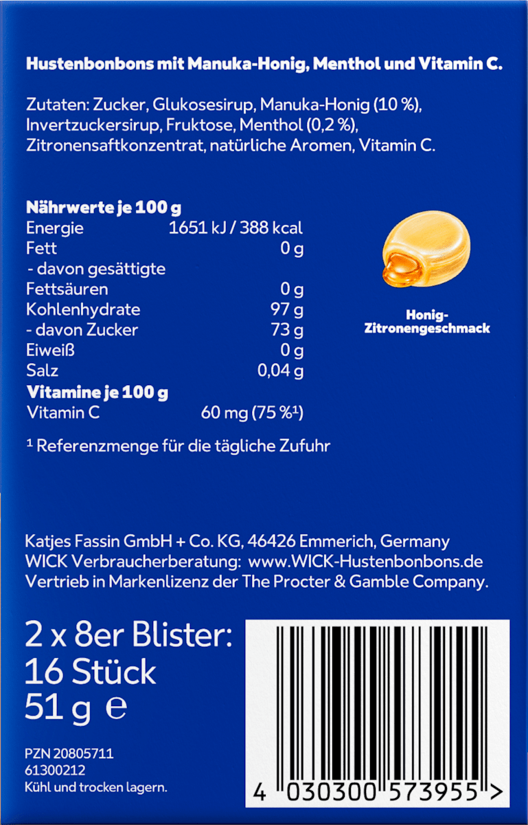 WICK Hustenbonbons Manuka-Honig + Vitamin C & Menthol 16 St, 51 g