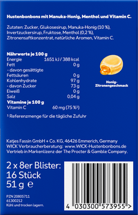 WICK Hustenbonbons Manuka-Honig + Vitamin C & Menthol 16 St, 51 g