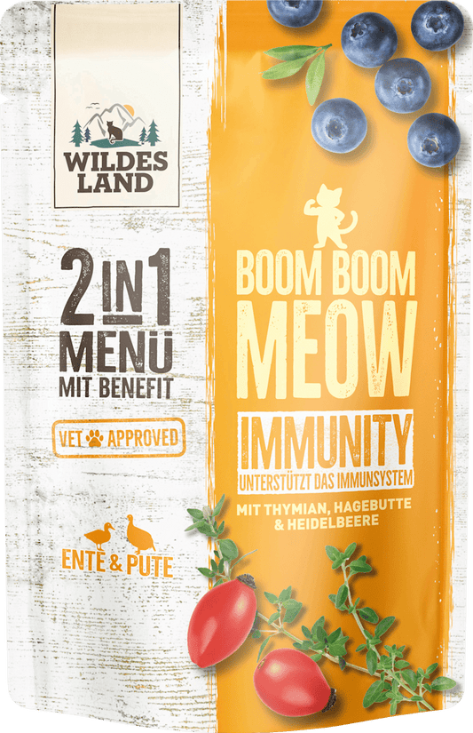 Nourriture humide Wildes Land pour chat à l’entrecôte et à la dinde, immunity, menu 2 en 1 avec bienfaits, 85 g