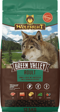Trockenfutter Hund mit Lamm, Lachs & Kartoffel, green valley, Adult, 12,5 kg
