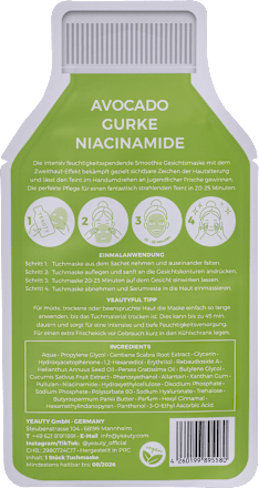 Sheetmasker Avocado Komkommer Niacinamide, 1 st