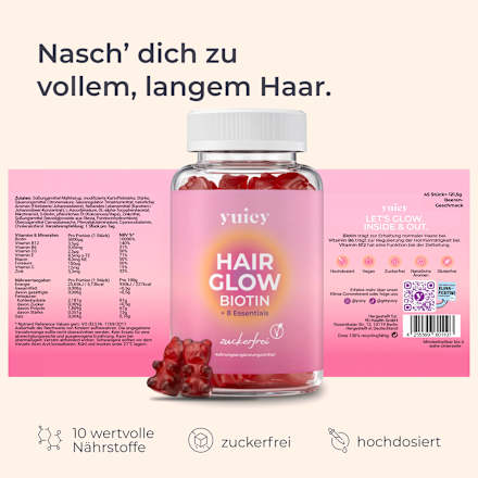 Haarvitamine Hair Glow Biotin I B12 + 8 Essentials Gummies (45 Stück), 121 g