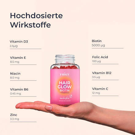 Haarvitamine Hair Glow Biotin I B12 + 8 Essentials Gummies (45 Stück), 121 g